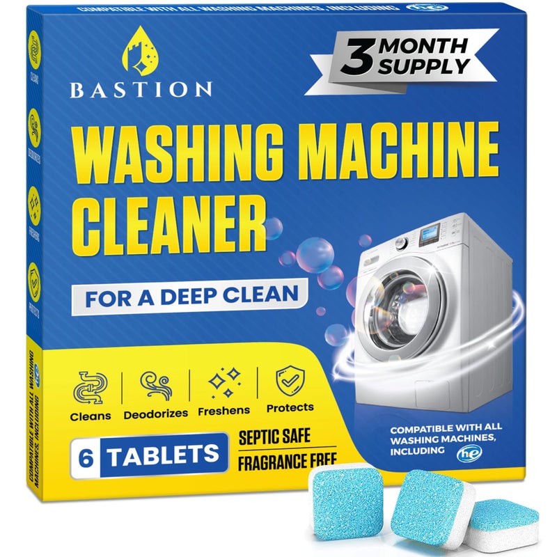 Bastion Washing Machine Cleaner, Deodorizer, & Descaler 6-Pack - Active Deep Cleaning Tablets For HE Front Loader & Top Load Washer, Septic Safe Eco-Friendly - 3 Month Supply - Image 1