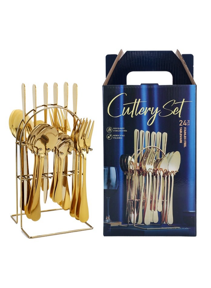 general Cutlery Set Stainless Steel Cutlery Set + Cutlery Rack Includes 24 Pieces Gift Box High Value Safe - Gold - Image 1
