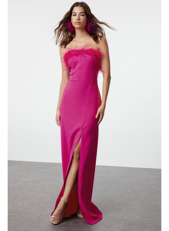trendyol Pink Body-Fitting Evening Dress with Woven Otriches TPRSS22AE0095 - Image 1