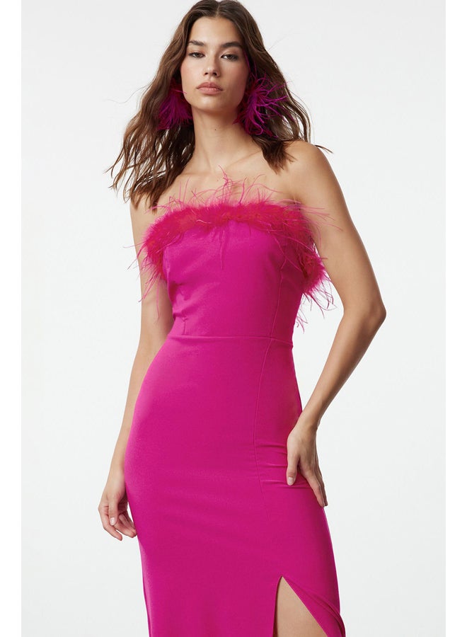 trendyol Pink Body-Fitting Evening Dress with Woven Otriches TPRSS22AE0095 - Image 2