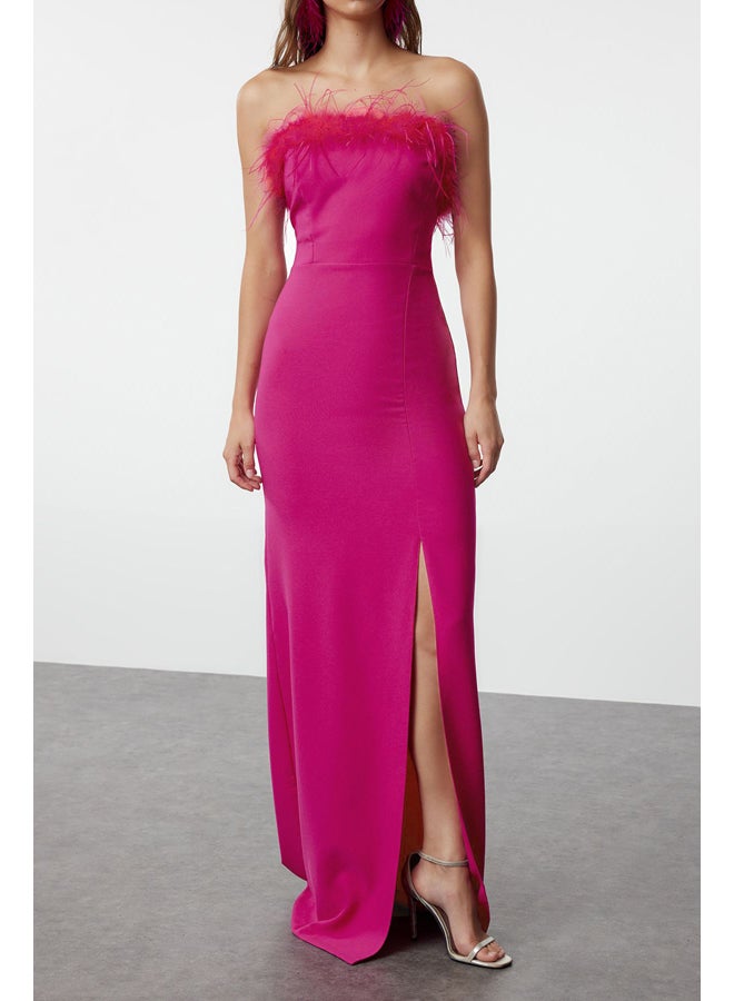 trendyol Pink Body-Fitting Evening Dress with Woven Otriches TPRSS22AE0095 - Image 4