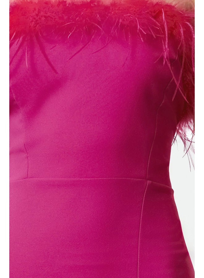 trendyol Pink Body-Fitting Evening Dress with Woven Otriches TPRSS22AE0095 - Image 3