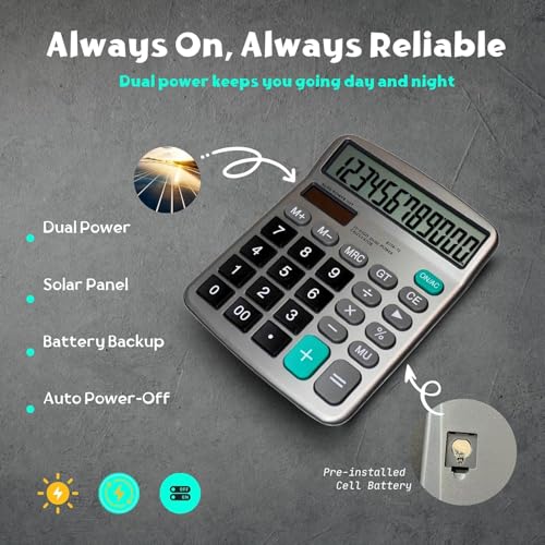 SOLDTRUE 12-Digit Desktop Calculator with Large Easy-to-Read LCD Display | Dual Power Solar & Battery | Business Office Financial Calculator with Memory & Check Function (1 Pcs.) - Image 5