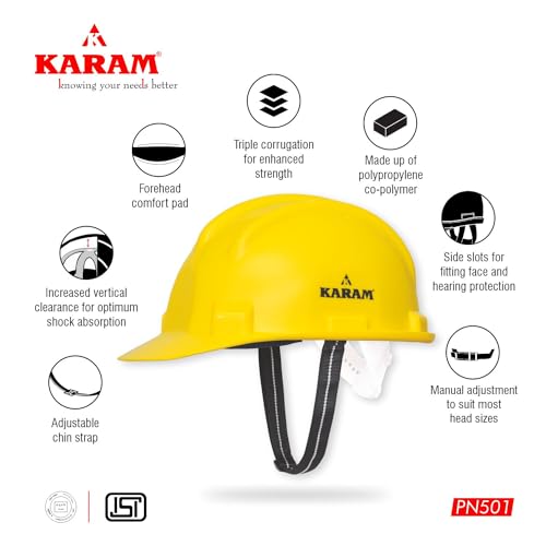 KARAM PN501 Safety Helmet for Men Industrial and Construction Use| Manual Adjustment Type with Adjustable Chin Strap| Triple Corrugation and is Certified Safety Helmet Yellow - Image 3