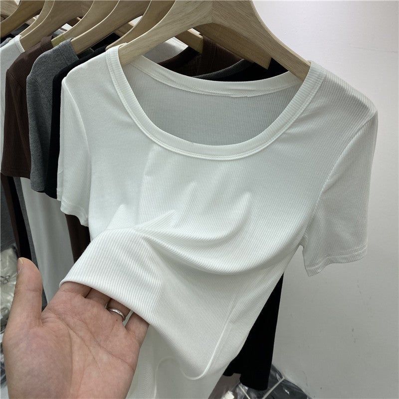 Women'S Ribbed T-Shirt With Regular Shoulders, Summer Style, Slim Fit, Versatile, Slimming, Plus Size, U-Neck, High Elasticity, Short-Sleeved Base Shirt - Image 3