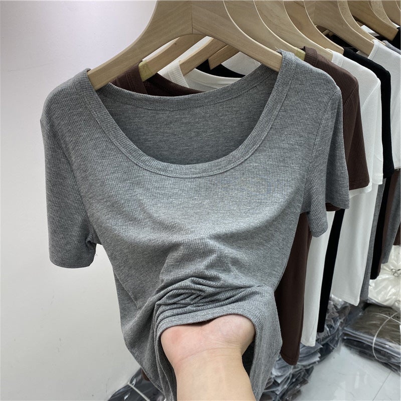 Women'S Ribbed T-Shirt With Regular Shoulders, Summer Style, Slim Fit, Versatile, Slimming, Plus Size, U-Neck, High Elasticity, Short-Sleeved Base Shirt - Image 1