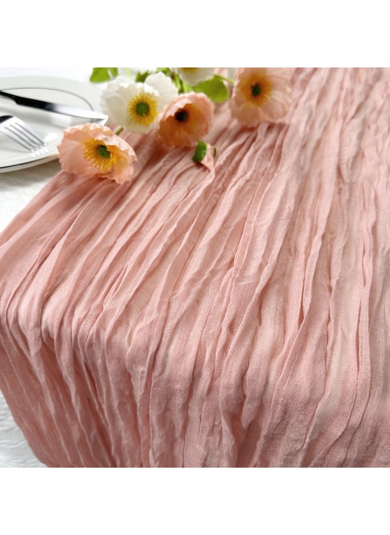 Via Saffi - Pink Translucent Table Runner Soft Boho Wrinkled Gauze Sheer Cloth for Baby Shower Baptism Birthday Party Wedding Centerpiece Table Decoration 90cm×300cm - Image 1