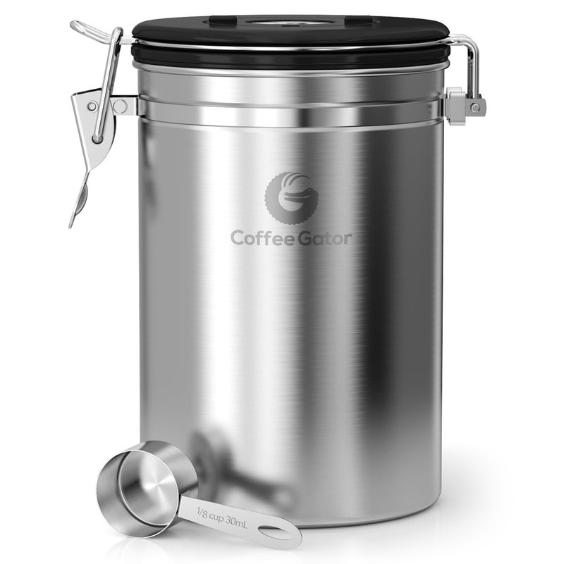 Coffee Gator Stainless Steel Canister - Large 22oz, Silver Coffee Grounds and Beans Container with Date-Tracker, CO2-Release Valve, and Measuring Scoop - Ideal Coffee Lovers Gifts for Her - Image 1