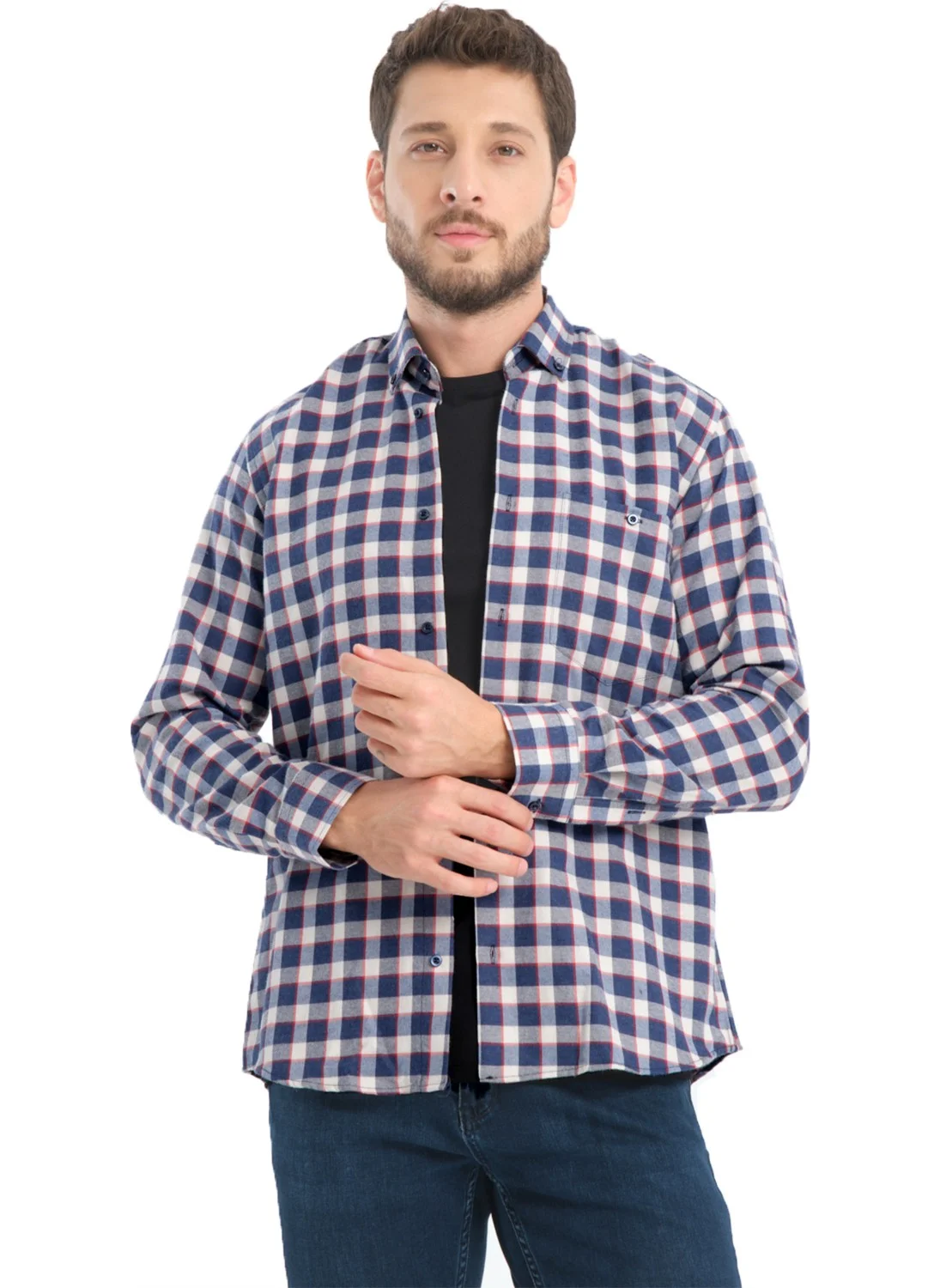 Varetta Men's Blue White Checkered Winter Woolen Pocket Wide Cut Shirt