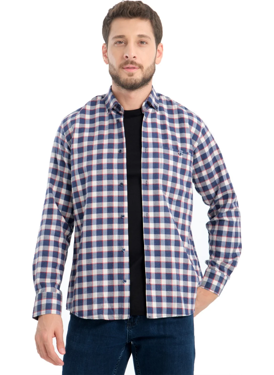 Varetta Men's Blue White Checkered Winter Woolen Pocket Wide Cut Shirt