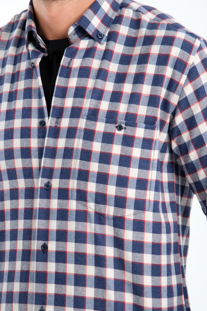 Varetta Men's Blue White Checkered Winter Woolen Pocket Wide Cut Shirt