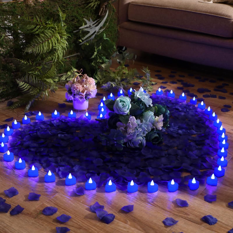 Coume 6000 Pieces Artificial Rose Petal 72 Pieces LED Tealights Candle, Romantic Decorations Special Night Rose Petal Heart Candle for Valentines Wedding Anniversary Proposal Decor(Blue Light) - Image 2