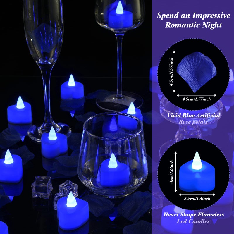 Coume 6000 Pieces Artificial Rose Petal 72 Pieces LED Tealights Candle, Romantic Decorations Special Night Rose Petal Heart Candle for Valentines Wedding Anniversary Proposal Decor(Blue Light) - Image 4