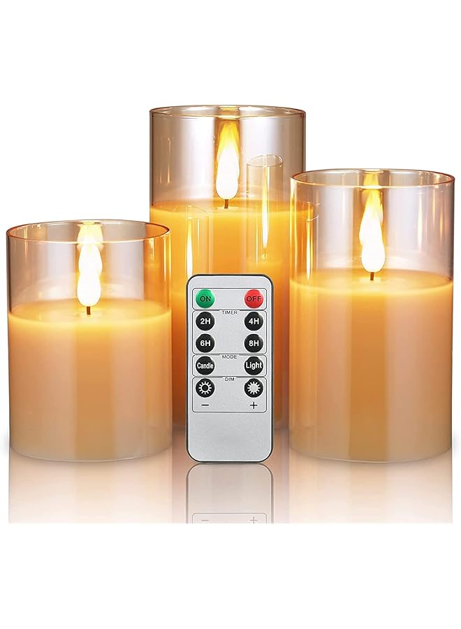 The Bros Led Flameless Candles, Battery Operated Real Pillar Wax Flickering Moving Wick Effect Glod Halloween Glass Candle Set with Remote Control Cycling Timer, 10cm, 12.5cm, 15cm, Pack of 3 - Image 1
