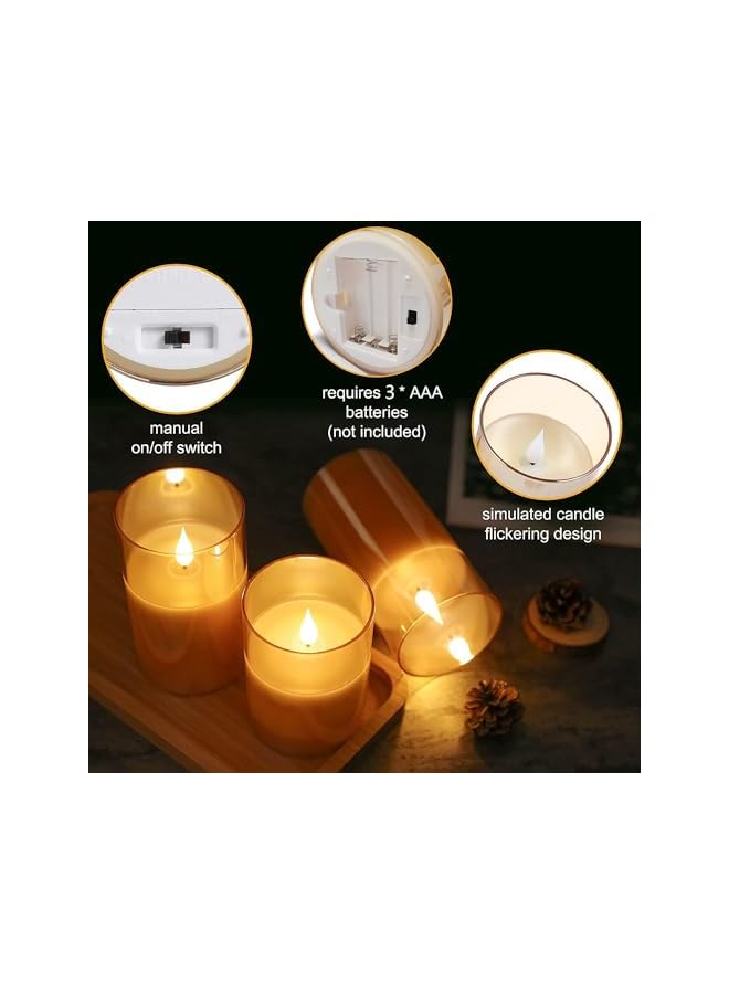The Bros Led Flameless Candles, Battery Operated Real Pillar Wax Flickering Moving Wick Effect Glod Halloween Glass Candle Set with Remote Control Cycling Timer, 10cm, 12.5cm, 15cm, Pack of 3 - Image 4