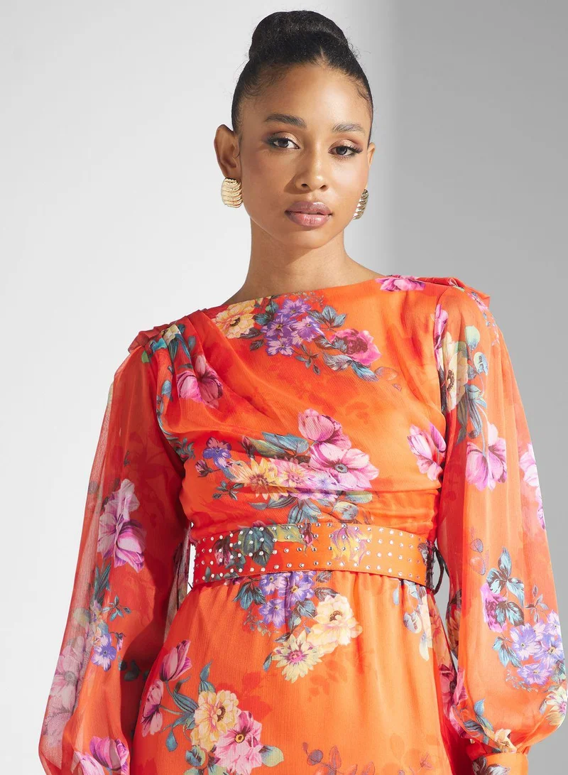 Golden Apple Floral Print Puff Sleeve Belted Dress