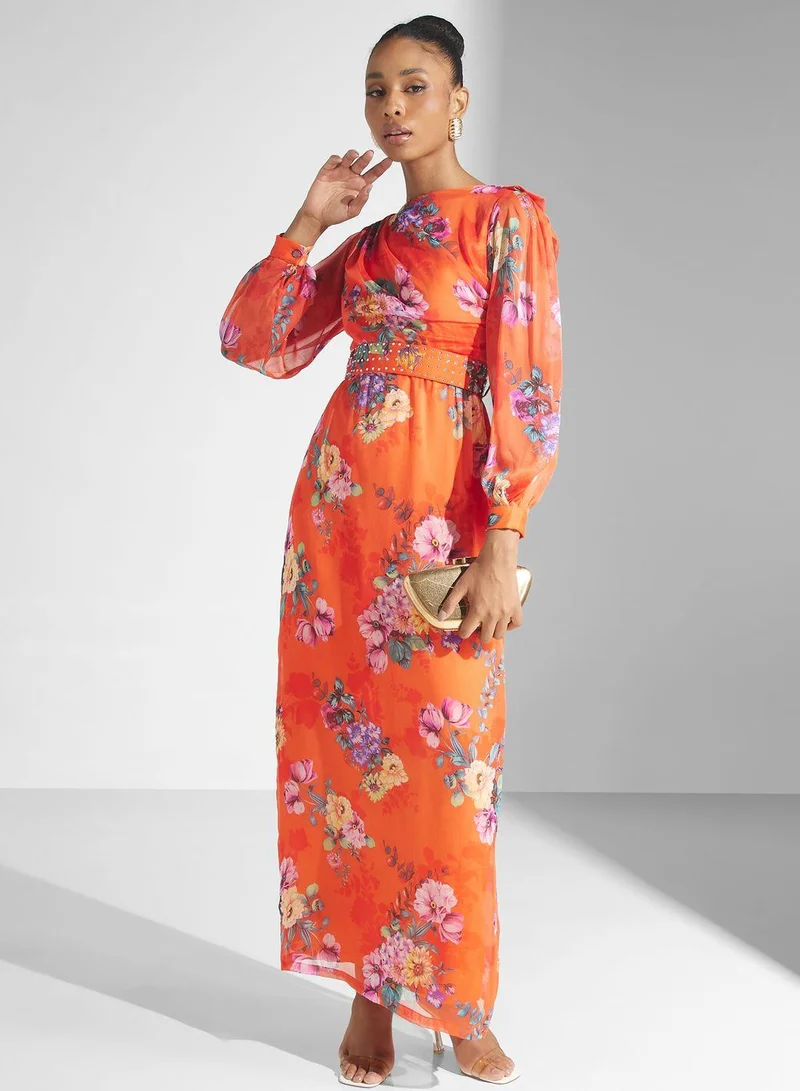 Golden Apple Floral Print Puff Sleeve Belted Dress