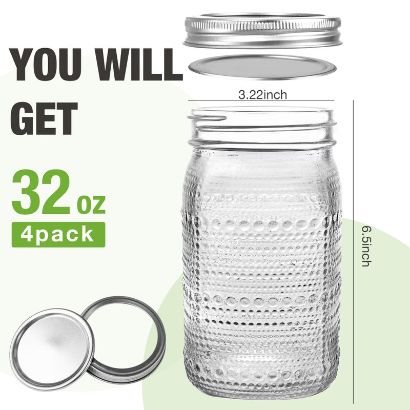 WACOI Mason Jars 32 Oz with Lids Wide Mouth 4 Pack, Glass Jars Canning Jars Large for Centerpieces Pickling Storage Food Meal Prep Salad Jam - Image 2