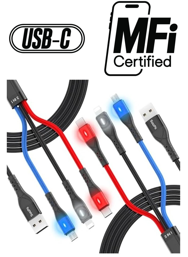 سوبي كابل شحن متعدد SOOPII مع مؤشر LED 3 ألوان، كابل شحن مجدول من النايلون 3 في 1 بطول 2.0 متر/6.6 قدم مع منفذ lPhone/Type C/Micro USB لمعظم الهواتف والأجهزة اللوحية والمزيد (عبوتان) - Image 1