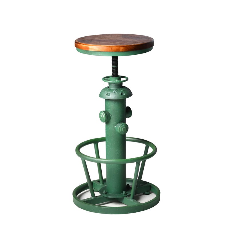 Topower Antique Industrial Round Bottom Adjustable Height Cafe Coffee Retro Vintage Stylish Water Pipe Design Pub Kitchen Bar Stool Antique Green Wooden Top