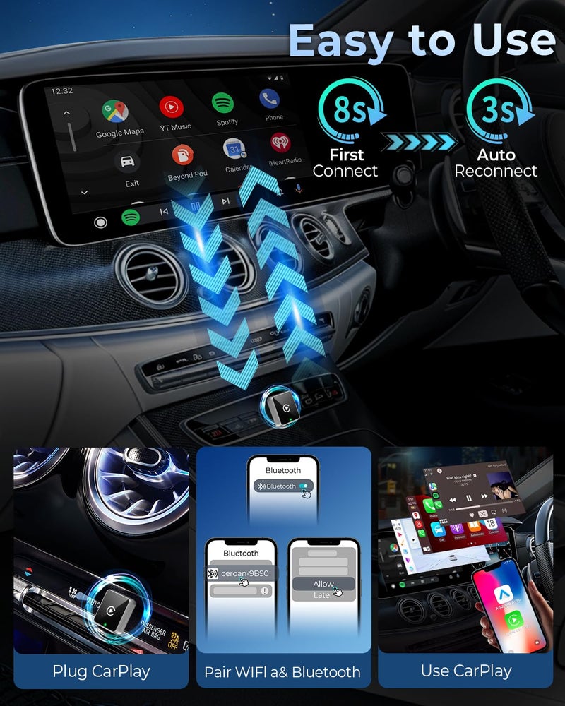 CEROAN 2-in-1 Wireless CarPlay Adapter & Android Auto Wireless Adapter with Bluetooth 5.3 & 5GHz Dual-Band WiFi - Plug & Play, Wired to Wireless, Auto Reconnect for Lag-Free iOS/Android Use - Image 5
