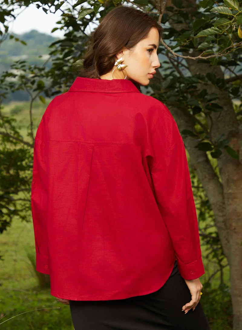 Campus Sutra  Women's Crimson Red Solid Oversized Shirt for Women | Best Price UAE