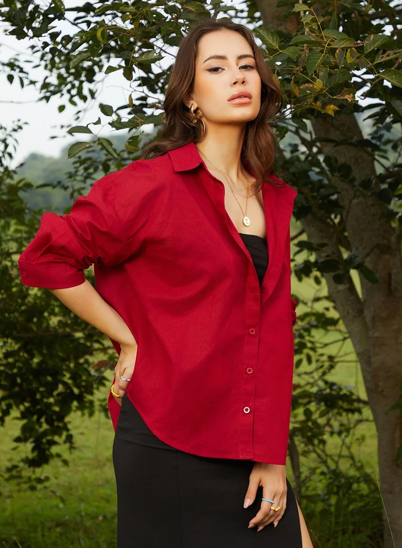Campus Sutra  Women's Crimson Red Solid Oversized Shirt for Women | Best Price UAE