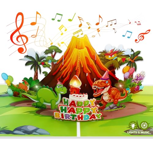 D4DREAM Dinosaur Musical Birthday Cards for Kids - Blowable Candle Music and Light 3D Pop Up Happy Birthday Greeting Card with Envelope, Blank Insert - Dino Theme Bday Gift for Boys Girls - Image 1