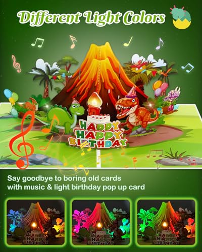 D4DREAM Dinosaur Musical Birthday Cards for Kids - Blowable Candle Music and Light 3D Pop Up Happy Birthday Greeting Card with Envelope, Blank Insert - Dino Theme Bday Gift for Boys Girls - Image 3