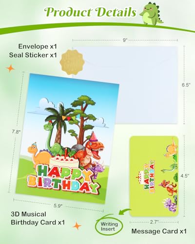 D4DREAM Dinosaur Musical Birthday Cards for Kids - Blowable Candle Music and Light 3D Pop Up Happy Birthday Greeting Card with Envelope, Blank Insert - Dino Theme Bday Gift for Boys Girls - Image 5