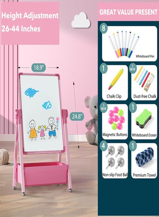 Yozoia Art Easel for Kids, Double Sided Kids Easel Drawing Board, Whiteboard & Blackboard, 360°Rotating Adjustable, Standing Erasable Easel Board, Easel for Classroom (Pink) - Image 2