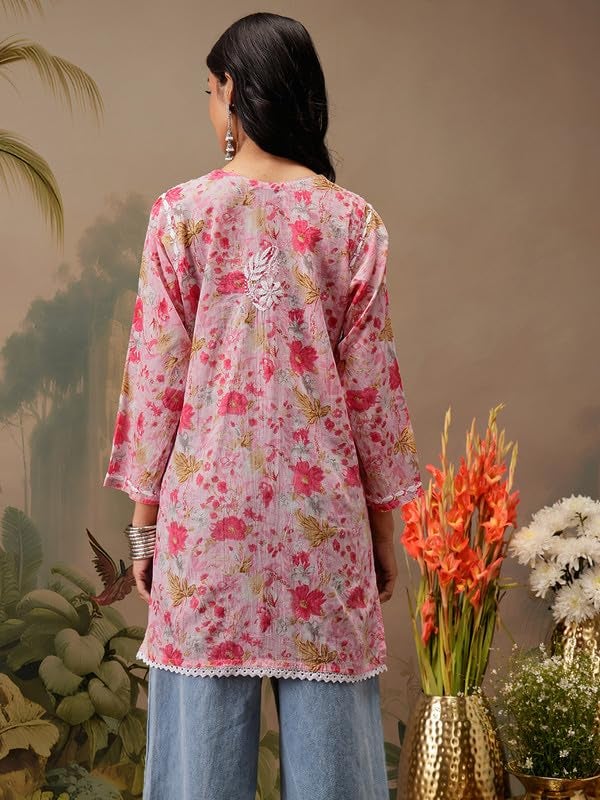 Ada Hand Embroidered Lucknowi Chikankari Printed Cotton Short Kurti Top Tunic for Women A911453 Pink (M) - Image 2