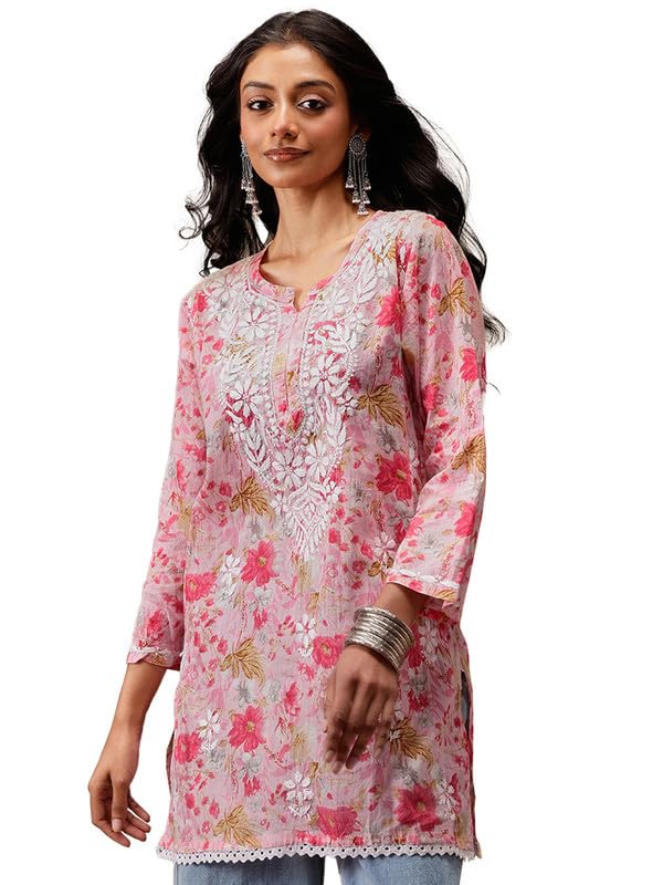 Ada Hand Embroidered Lucknowi Chikankari Printed Cotton Short Kurti Top Tunic for Women A911453 Pink (M) - Image 1