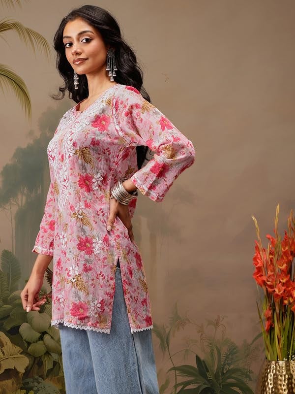 Ada Hand Embroidered Lucknowi Chikankari Printed Cotton Short Kurti Top Tunic for Women A911453 Pink (M) - Image 4