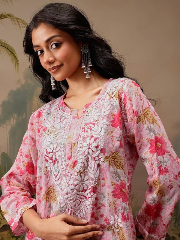 Ada Hand Embroidered Lucknowi Chikankari Printed Cotton Short Kurti Top Tunic for Women A911453 Pink (M) - Image 5