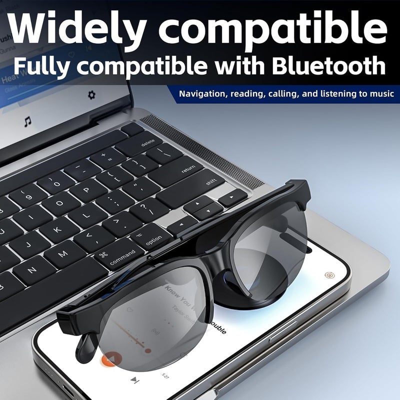 Bluetooth Sunglasses for Men Women, Smart Glasses with Bluetooth Speaker, Open Earphones, Voice Assistant, UV Protection, Black - Image 2