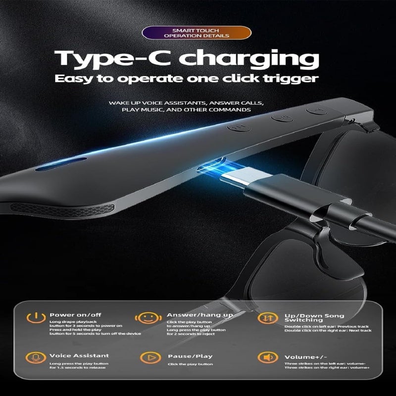 Bluetooth Sunglasses for Men Women, Smart Glasses with Bluetooth Speaker, Open Earphones, Voice Assistant, UV Protection, Black - Image 4