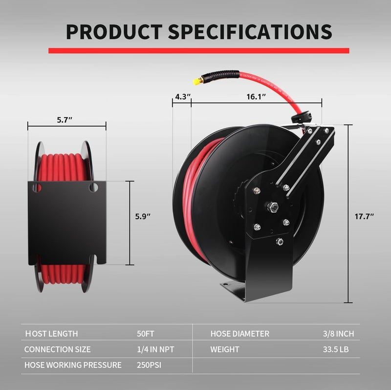 Maxworks ماكس ووركس 50998 بكرة قابلة للسحب بطول 50 قدم مع خرطوم هواء 38 × 50 مع تركيبات نحاسية - Image 2