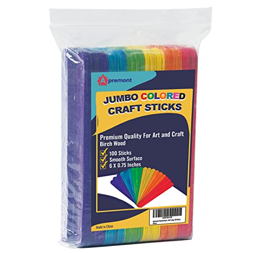 Apremont 100 Pieces Assorted Jumbo Colored Wooden 6 Inches Long Craft Sticks, Rainbow Popsicle Stick, Arts and Crafts, Best for DIY Games Making, Building Designs or Kids Education - Image 1