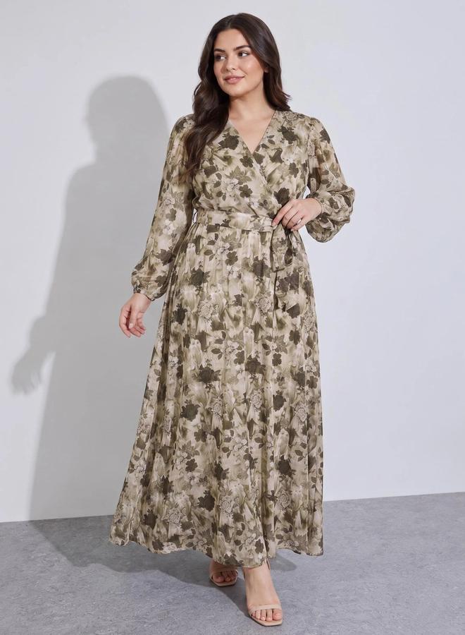 Styli Plus Size Multi-Color Floral Print Tie-Up Waist A-Line Maxi Dress - Image 1