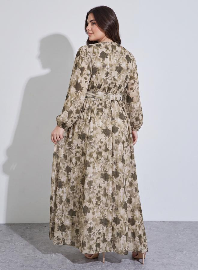 Styli Plus Size Multi-Color Floral Print Tie-Up Waist A-Line Maxi Dress - Image 4
