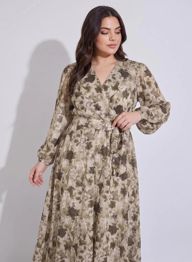 Styli Plus Size Multi-Color Floral Print Tie-Up Waist A-Line Maxi Dress - Image 2