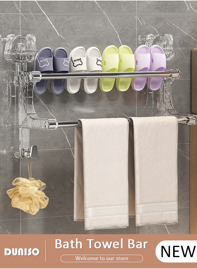 DUNISO 2 Tier Bath Towel Bar, Self-Adhesive Transparent Stainless Steel Towel Holder Rods, Double Bar Towel Rack Pole, Strong Load-Bearing Non-Drilling Towel Rack,Towel Rack with Hook For Bathroom Kitchen Shower  - Image 1