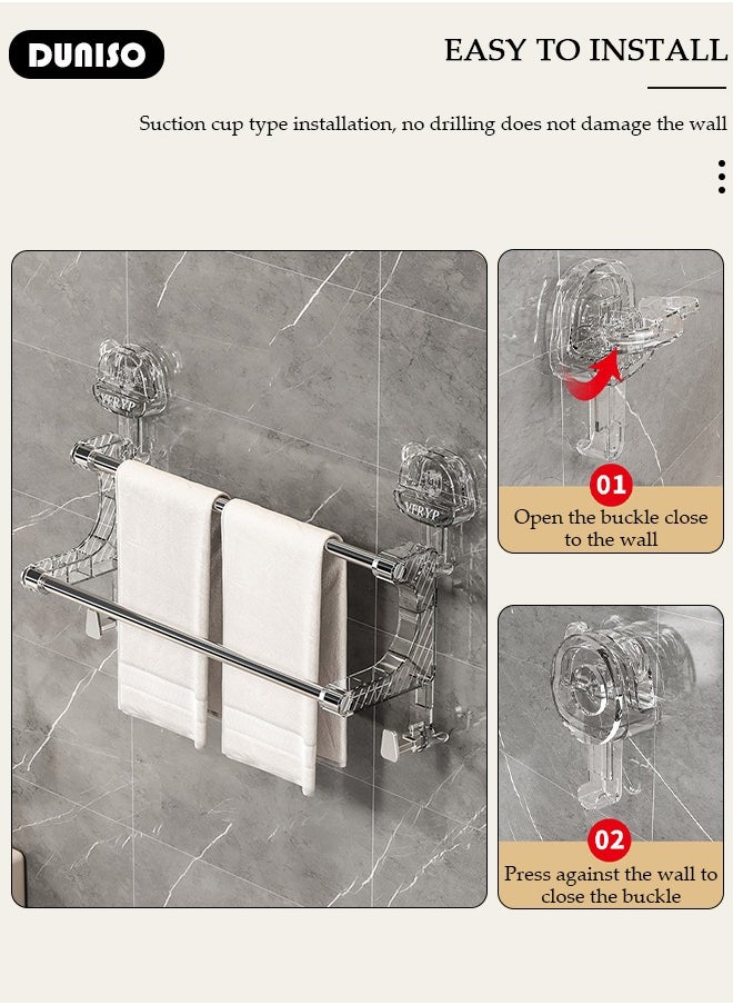 DUNISO 2 Tier Bath Towel Bar, Self-Adhesive Transparent Stainless Steel Towel Holder Rods, Double Bar Towel Rack Pole, Strong Load-Bearing Non-Drilling Towel Rack,Towel Rack with Hook For Bathroom Kitchen Shower  - Image 3