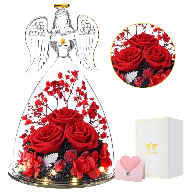 ANWEAO Christmas Angel Gifts for Women  Eternal Preserved Rose in Glass Dome with Angel Figurine  LED Light  Unique Gifts for Mom Wife Grandma AnniversaryBirthday