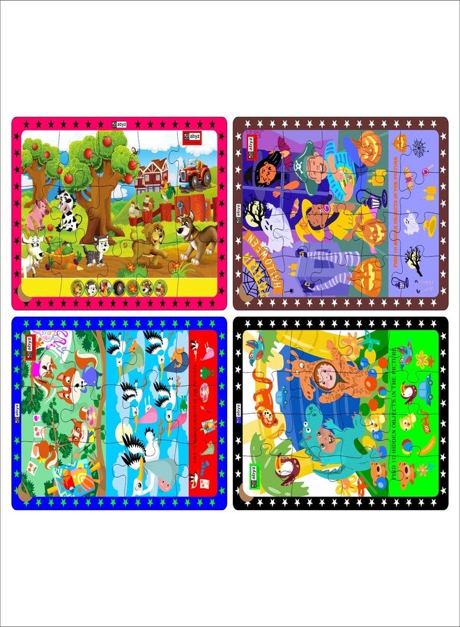 ABYZ Wooden Jigsaw Puzzle – Costume Party, Squirrels & Storks, Farm Animals, Halloween Time Playset for Little Explorers, 63 Pieces - Pack of 4 | Birthday Gift for (3 Plus Years) Age Kids. - Image 1