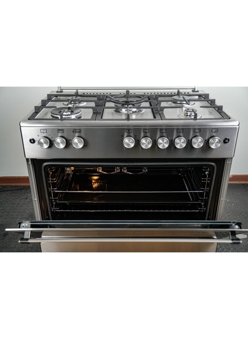 90x60cm Gas Cooker with 2 Big Eyes, 5 Burners, 2 Fans, Cast Iron Pan Support and 3 Glass Oven Door,