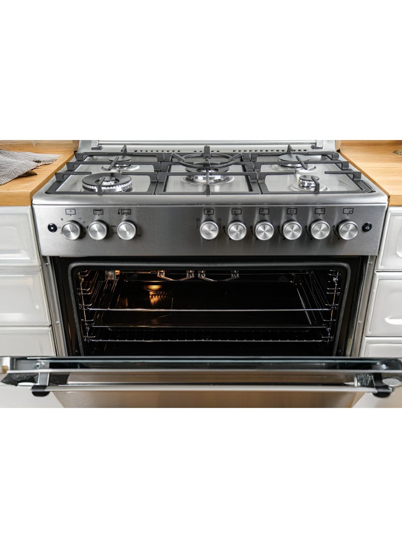 90x60cm Gas Cooker with 2 Big Eyes, 5 Burners, 2 Fans, Cast Iron Pan Support and 3 Glass Oven Door,