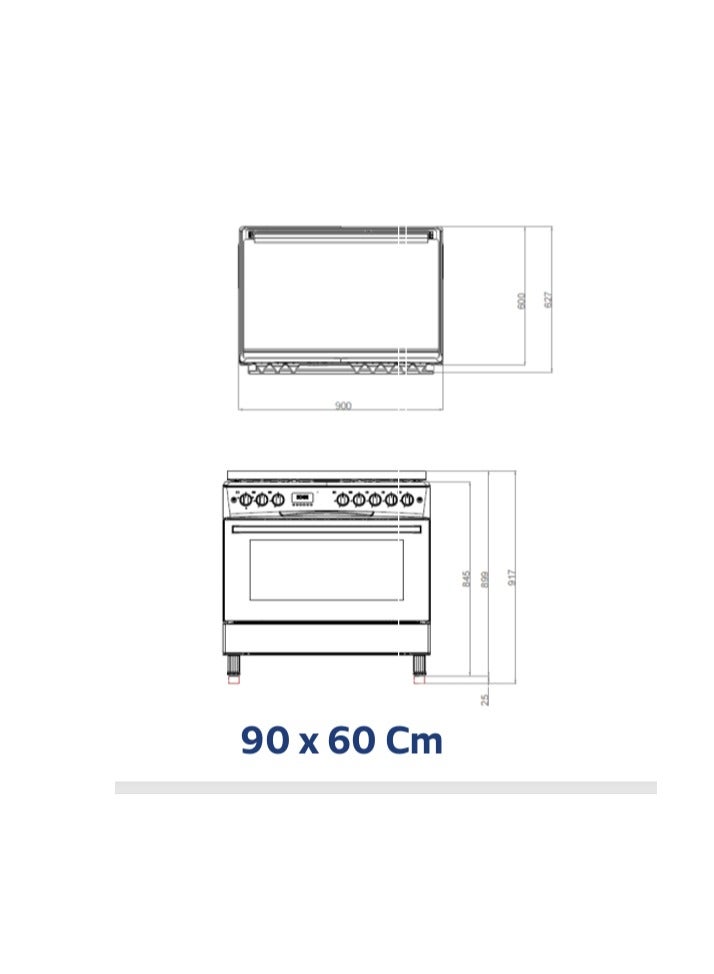 90x60cm Gas Cooker with 2 Big Eyes, 5 Burners, 2 Fans, Cast Iron Pan Support and 3 Glass Oven Door,