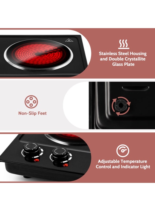 CUSIMAX Double Hot Plate, 1200W+1200W Infrared Heating Plate, Stainless Steel Body,Dual Adjustable Thermostat, Compatible for All Cookware,Black - Image 3